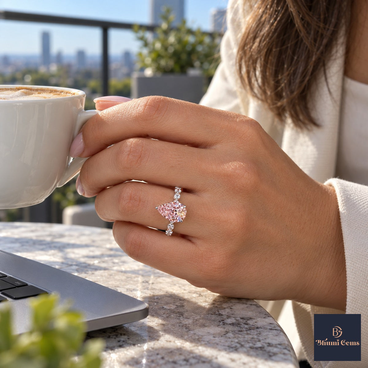 Pink Pear Cut Lab Grown Diamond Engagement Ring - Navette Band in white gold, worn on the hand