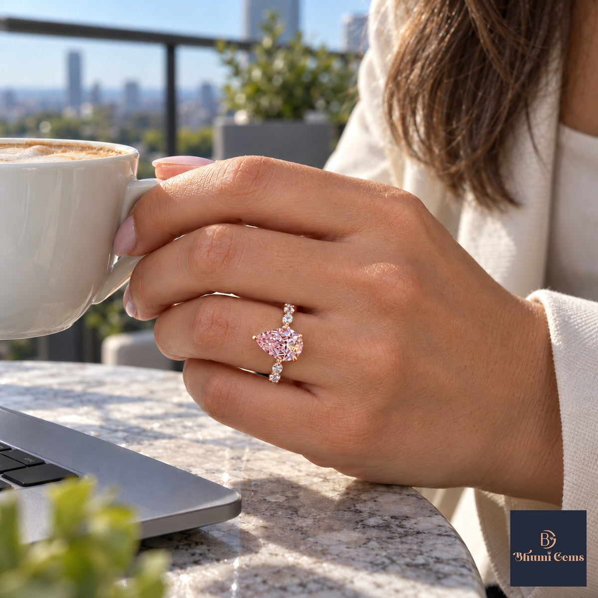 Pink Pear Cut Lab Grown Diamond Engagement Ring - Navette Band in rose gold, worn on the hand