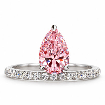 Pink Pear Cut Lab Grown Diamond Engagement Ring - Pave Band in white gold, front view
