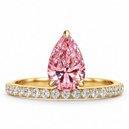 Pink Pear Cut Lab Grown Diamond Engagement Ring - Pave Band in yellow gold, front view