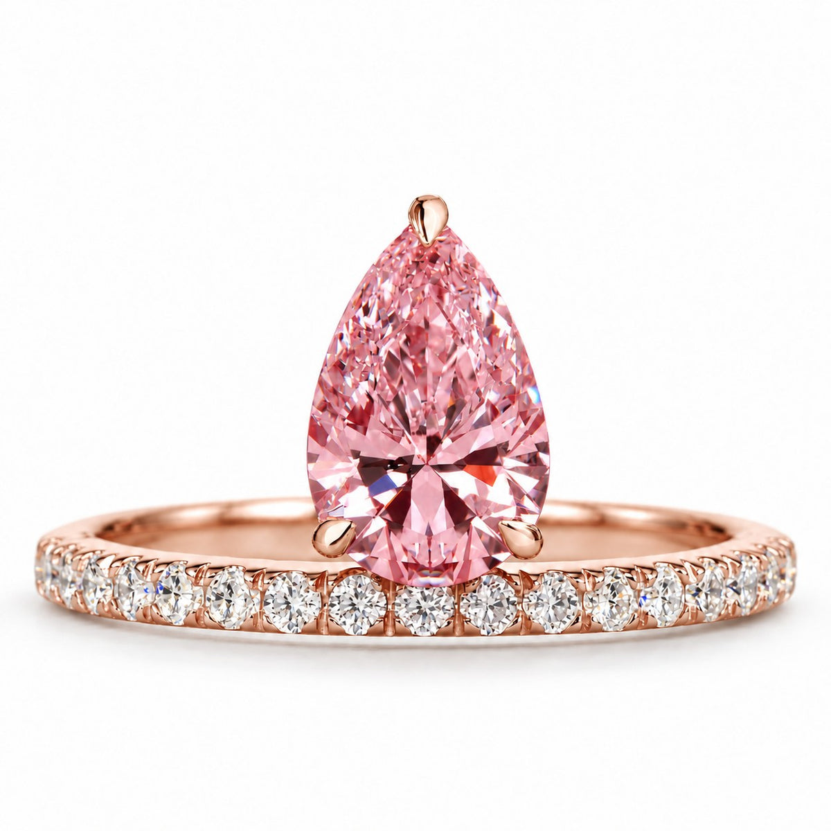 Pink Pear Cut Lab Grown Diamond Engagement Ring - Pave Band in rose gold, front view
