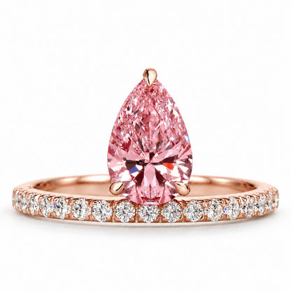 Pink Pear Cut Lab Grown Diamond Engagement Ring - Pave Band in rose gold, front view