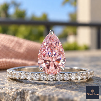 Pink Pear Cut Lab Grown Diamond Engagement Ring - Pave Band in white gold, close-up