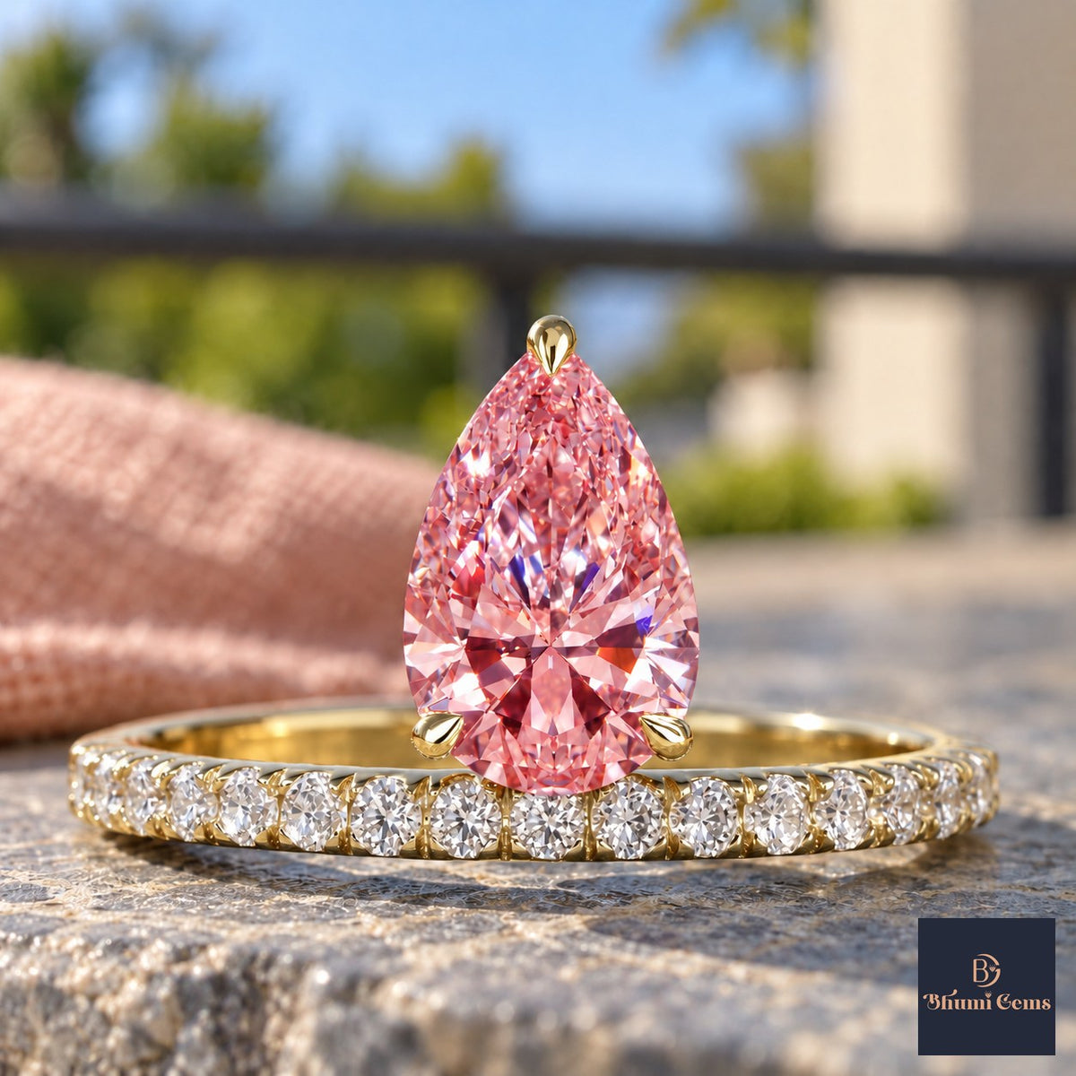 Pink Pear Cut Lab Grown Diamond Engagement Ring - Pave Band in yellow gold, close-up
