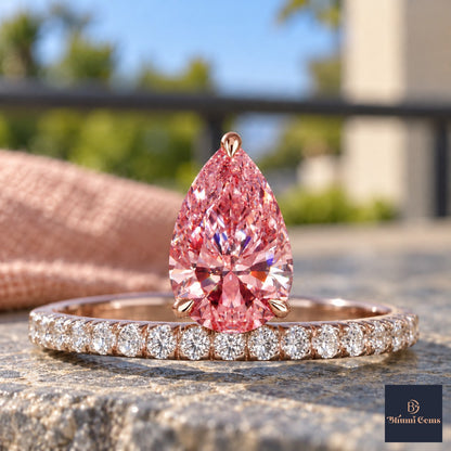 Pink Pear Cut Lab Grown Diamond Engagement Ring - Pave Band in rose gold, close-up