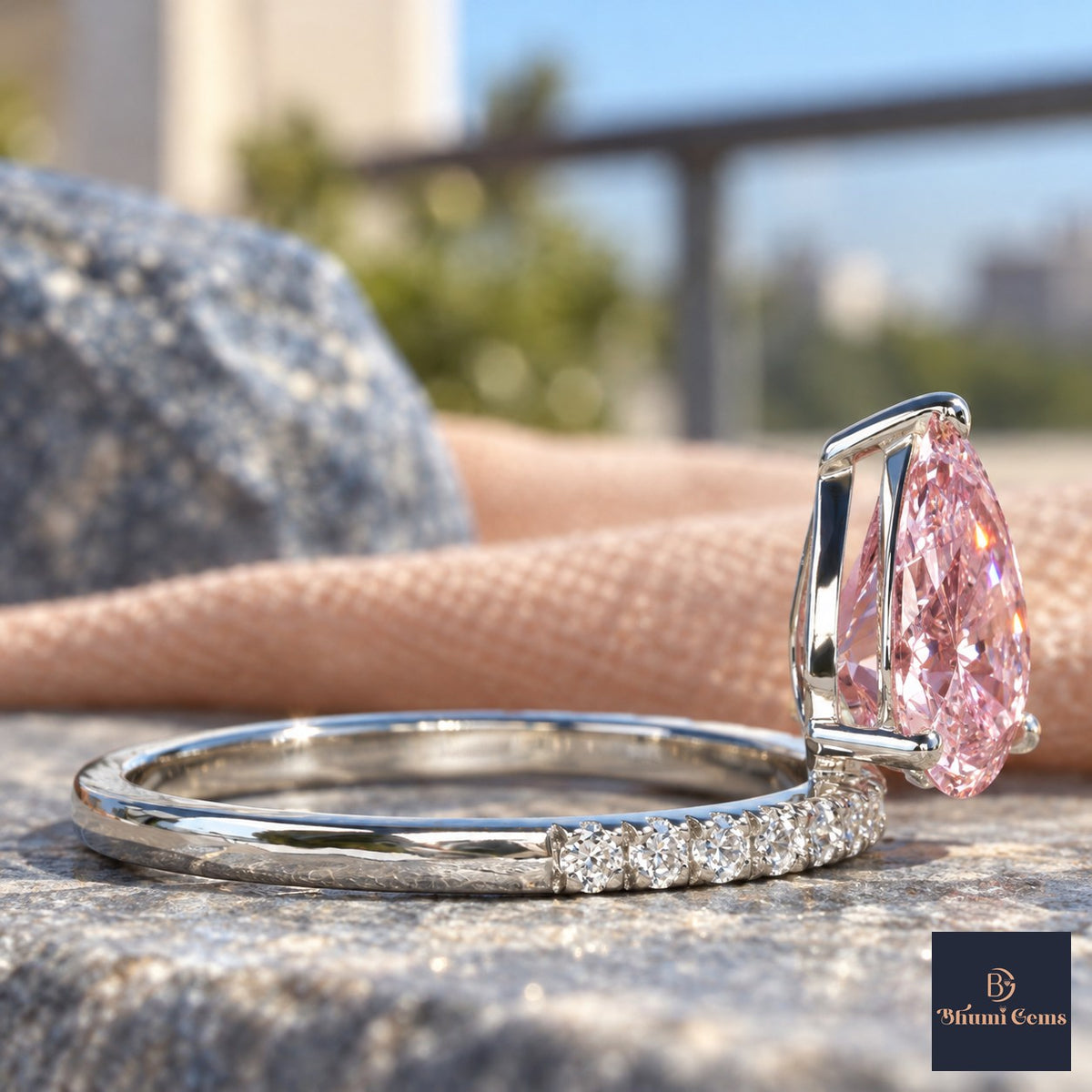 Pink Pear Cut Lab Grown Diamond Engagement Ring - Pave Band in white gold, side view