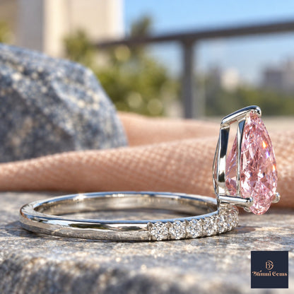 Pink Pear Cut Lab Grown Diamond Engagement Ring - Pave Band in white gold, side view
