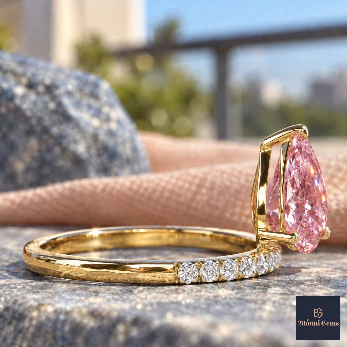 Pink Pear Cut Lab Grown Diamond Engagement Ring - Pave Band in yellow gold, side view