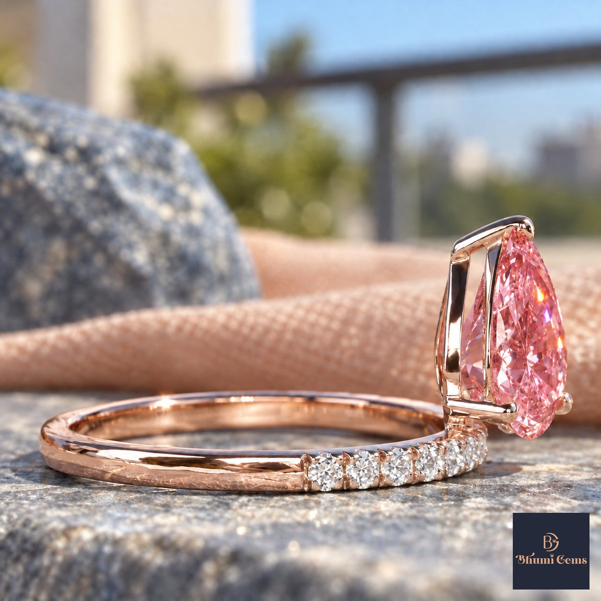 Pink Pear Cut Lab Grown Diamond Engagement Ring - Pave Band in rose gold, side view