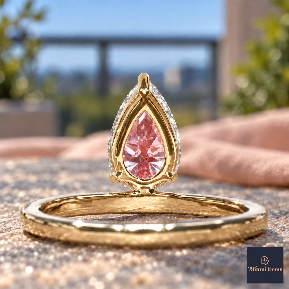 Pink Pear Cut Lab Grown Diamond Engagement Ring - Pave Band in yellow gold, gallery view