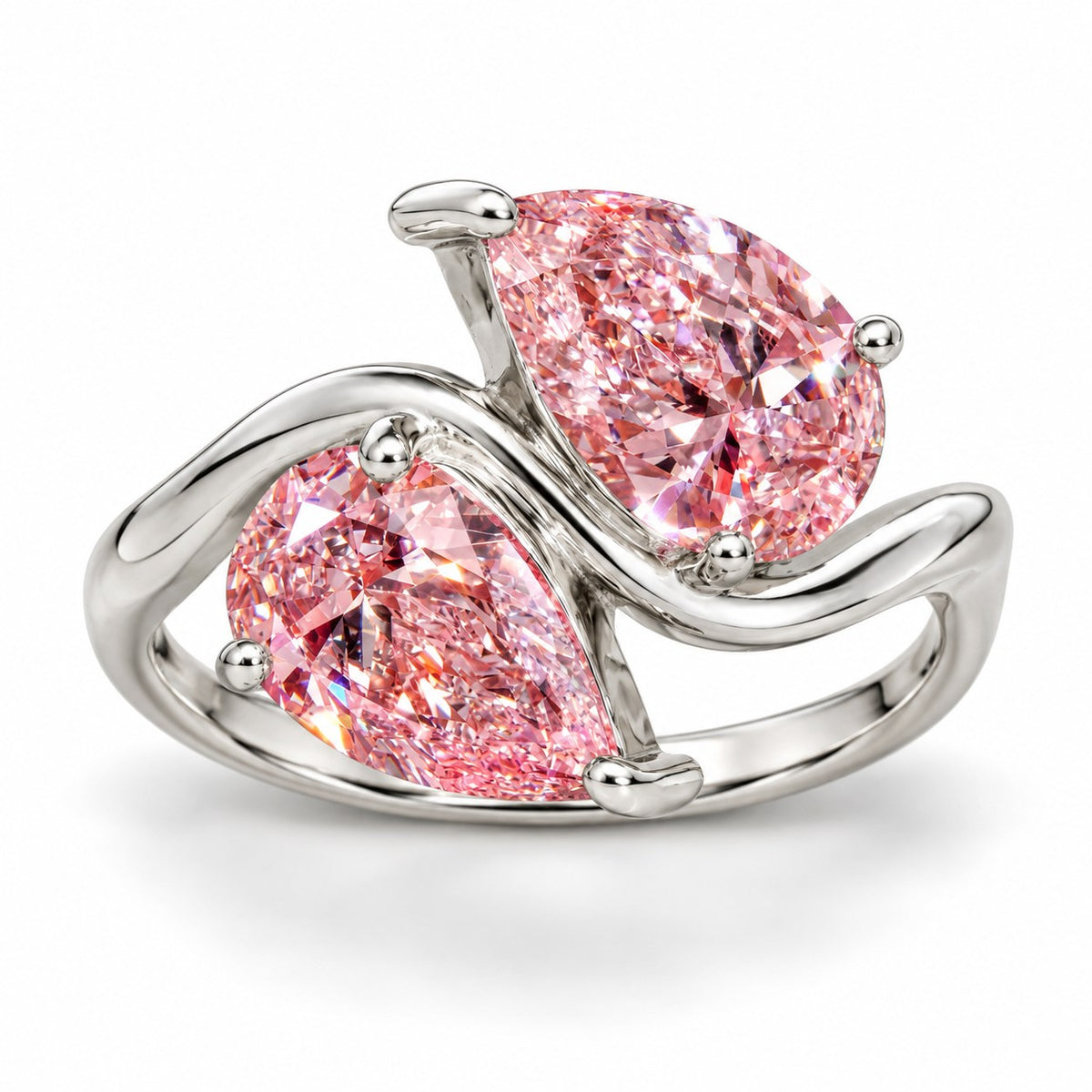 Pink Pear Cut Lab Grown Diamond Engagement Ring - Toi et Moi in white gold, front view