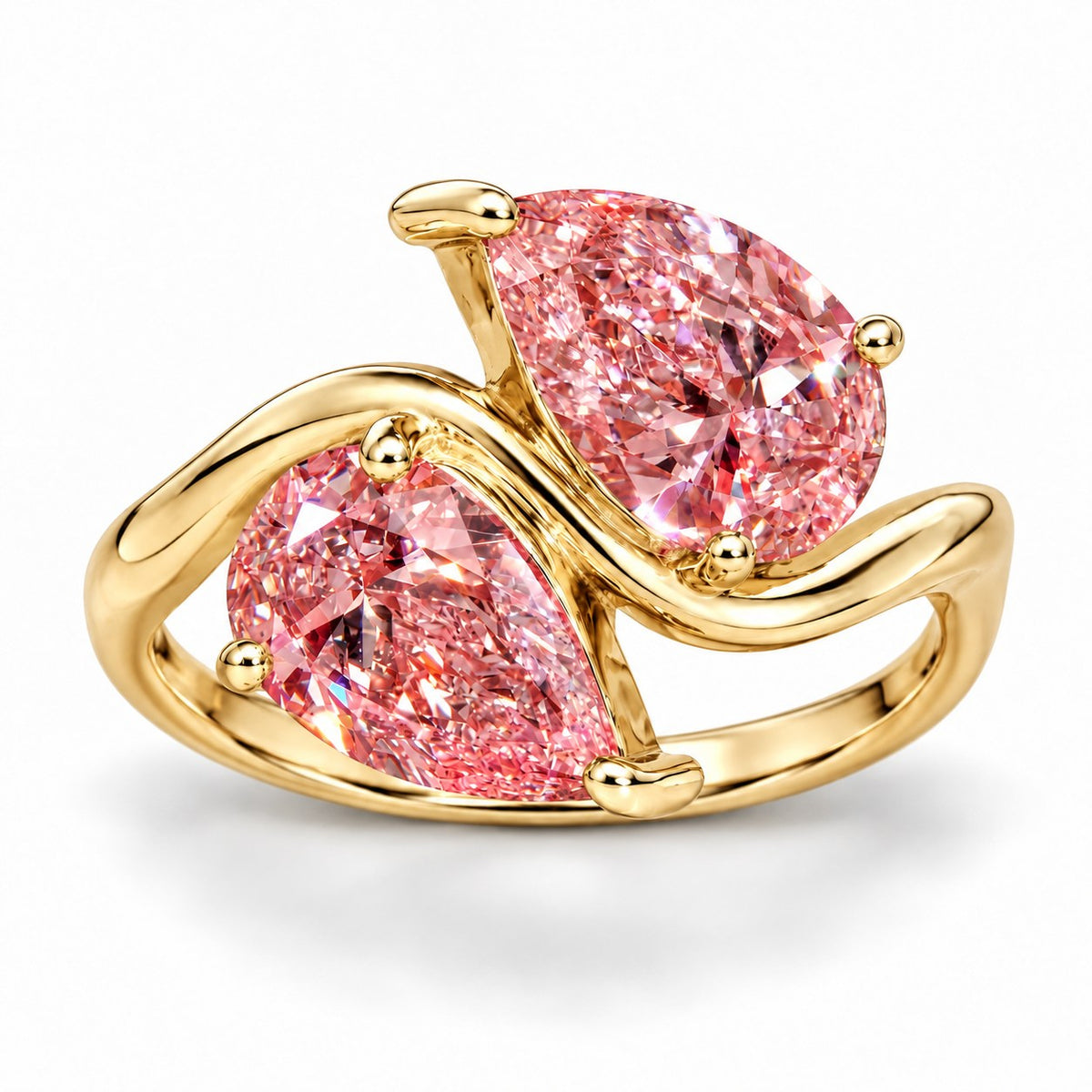 Pink Pear Cut Lab Grown Diamond Engagement Ring - Toi et Moi in yellow gold, front view