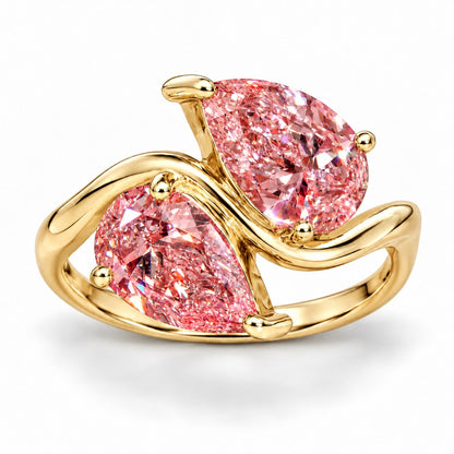 Pink Pear Cut Lab Grown Diamond Engagement Ring - Toi et Moi in yellow gold, front view