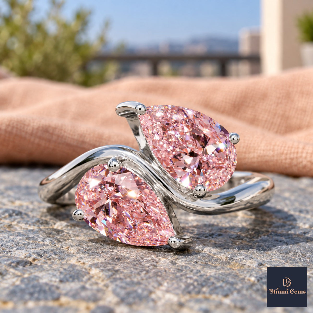 Pink Pear Cut Lab Grown Diamond Engagement Ring - Toi et Moi in white gold, close-up