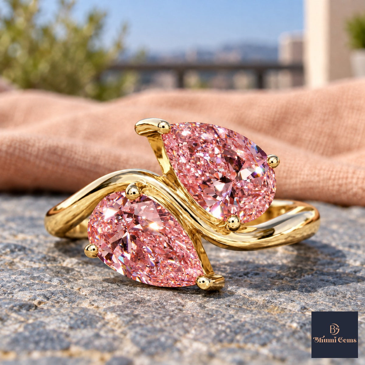 Pink Pear Cut Lab Grown Diamond Engagement Ring - Toi et Moi in yellow gold, close-up