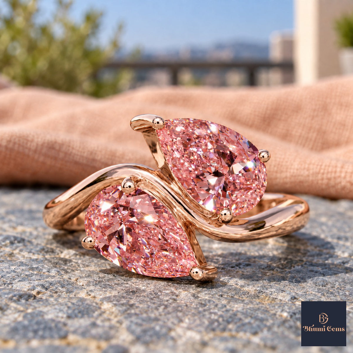 Pink Pear Cut Lab Grown Diamond Engagement Ring - Toi et Moi in rose gold, close-up