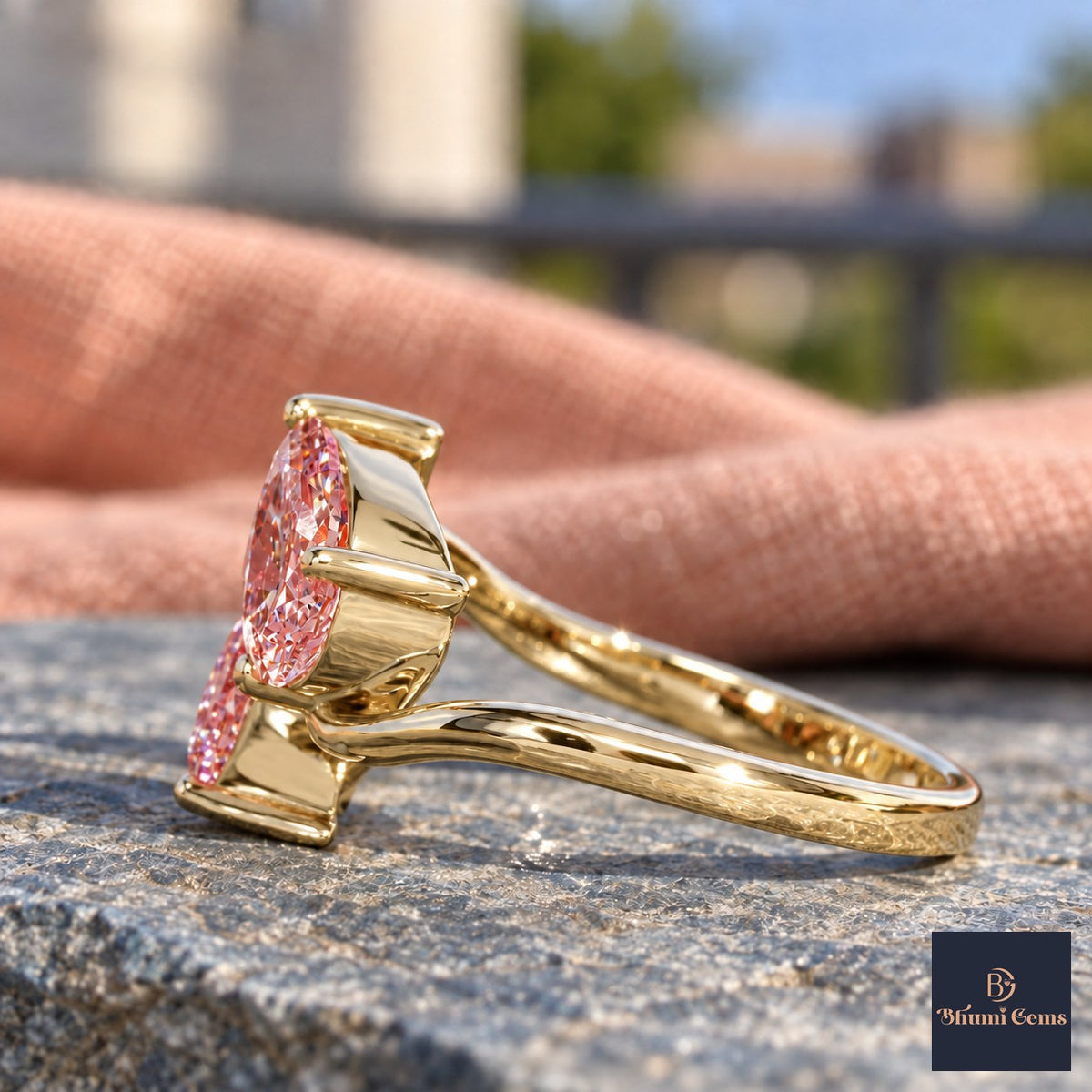 Pink Pear Cut Lab Grown Diamond Engagement Ring - Toi et Moi in yellow gold, side view