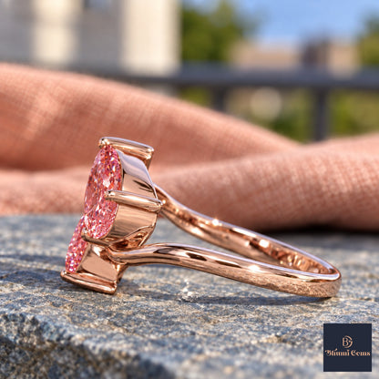 Pink Pear Cut Lab Grown Diamond Engagement Ring - Toi et Moi in rose gold, side view