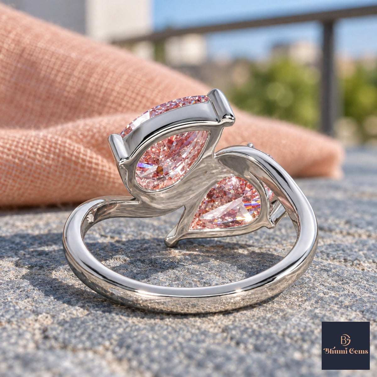 Pink Pear Cut Lab Grown Diamond Engagement Ring - Toi et Moi in white gold, gallery view
