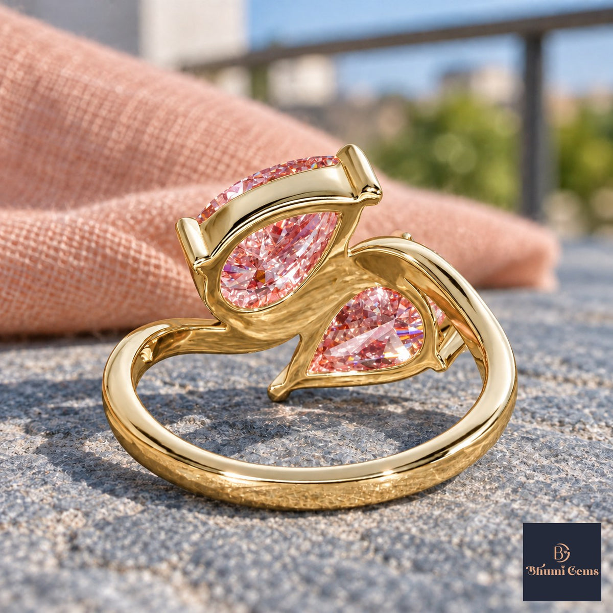 Pink Pear Cut Lab Grown Diamond Engagement Ring - Toi et Moi in yellow gold, gallery view