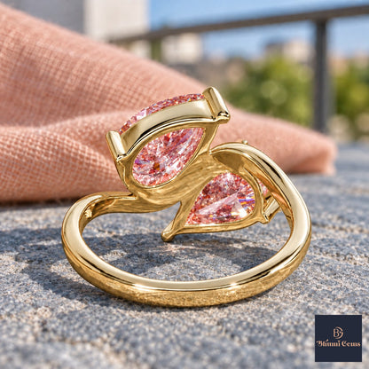 Pink Pear Cut Lab Grown Diamond Engagement Ring - Toi et Moi in yellow gold, gallery view