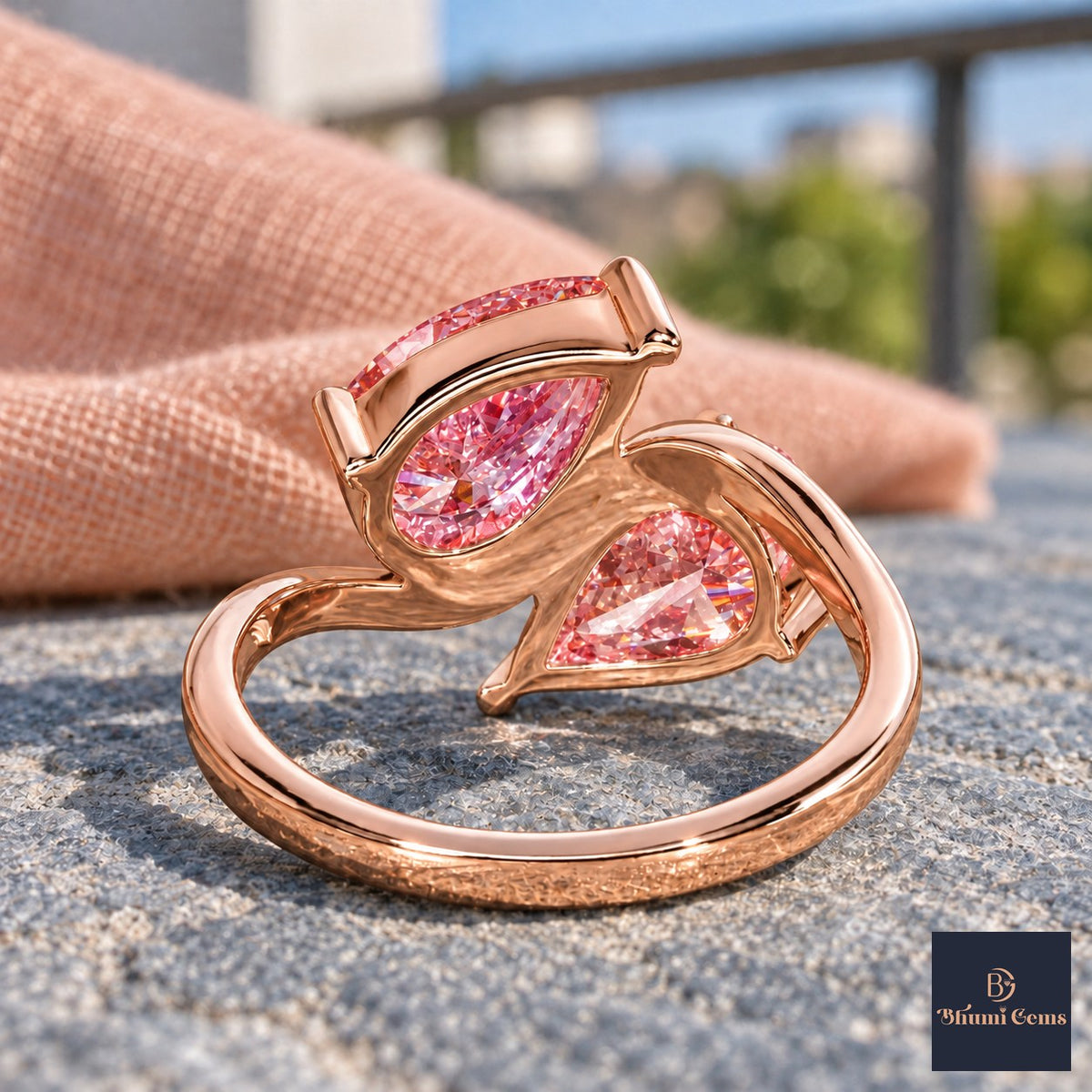 Pink Pear Cut Lab Grown Diamond Engagement Ring - Toi et Moi in rose gold, gallery view