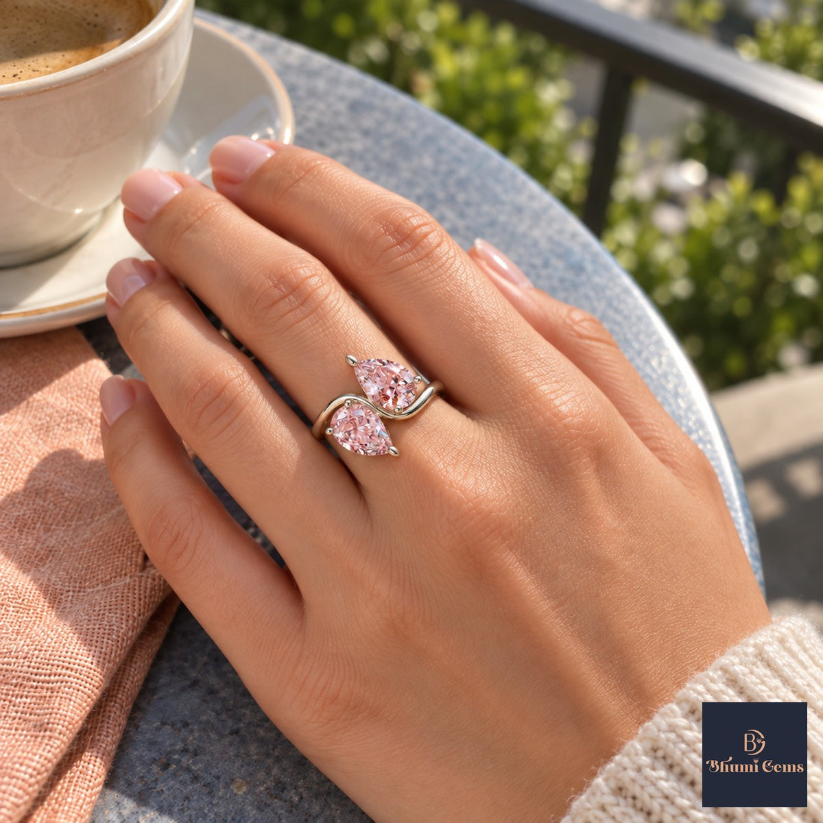 Pink Pear Cut Lab Grown Diamond Engagement Ring - Toi et Moi in white gold, on the hand