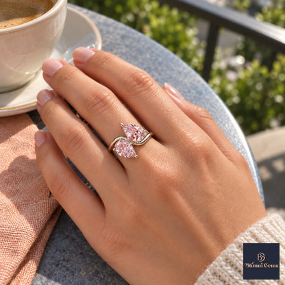 Pink Pear Cut Lab Grown Diamond Engagement Ring - Toi et Moi in white gold, on the hand