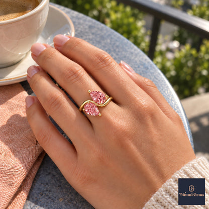 Pink Pear Cut Lab Grown Diamond Engagement Ring - Toi et Moi in yellow gold, on the hand