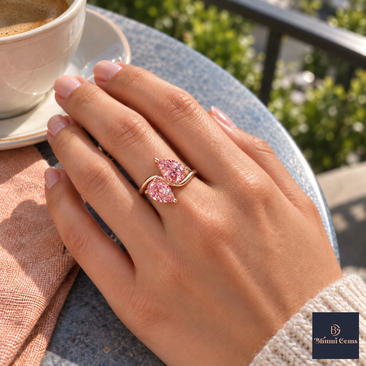 Pink Pear Cut Lab Grown Diamond Engagement Ring - Toi et Moi in rose gold, on the hand
