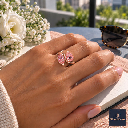 Pink Pear Cut Lab Grown Diamond Engagement Ring - Toi et Moi in rose gold, worn on the hand