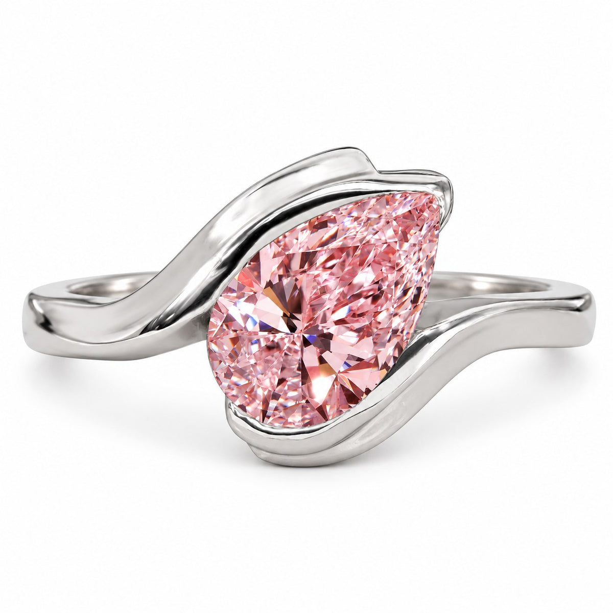 Pink Pear Cut Lab Grown Diamond Engagement Ring - Wrap Bypass Solitaire in white gold, front view