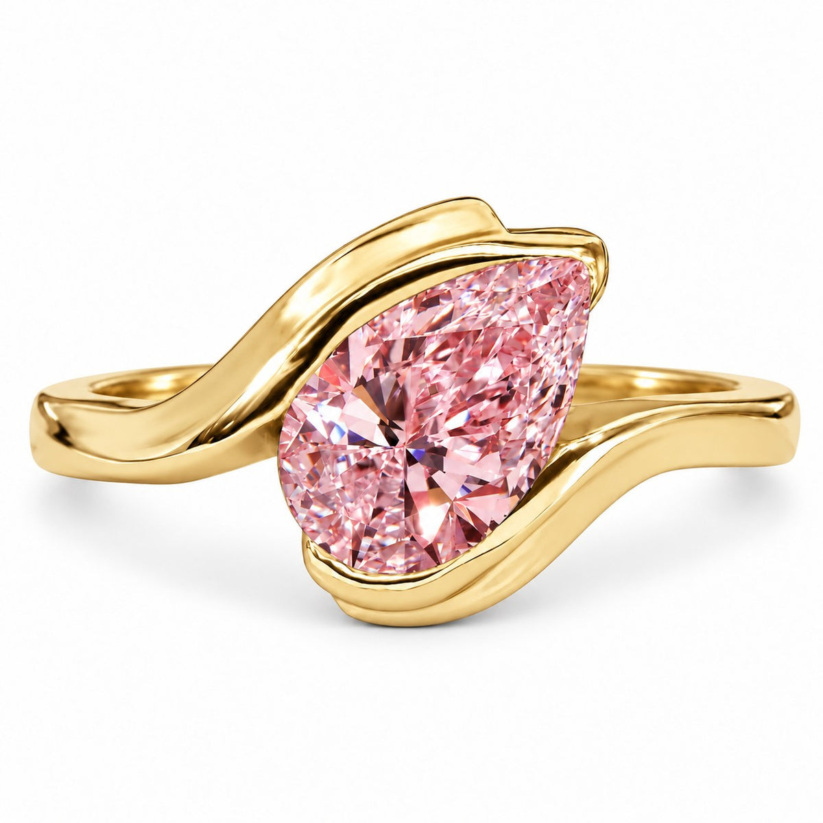 Pink Pear Cut Lab Grown Diamond Engagement Ring - Wrap Bypass Solitaire in yellow gold, front view