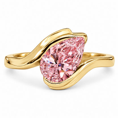 Pink Pear Cut Lab Grown Diamond Engagement Ring - Wrap Bypass Solitaire in yellow gold, front view
