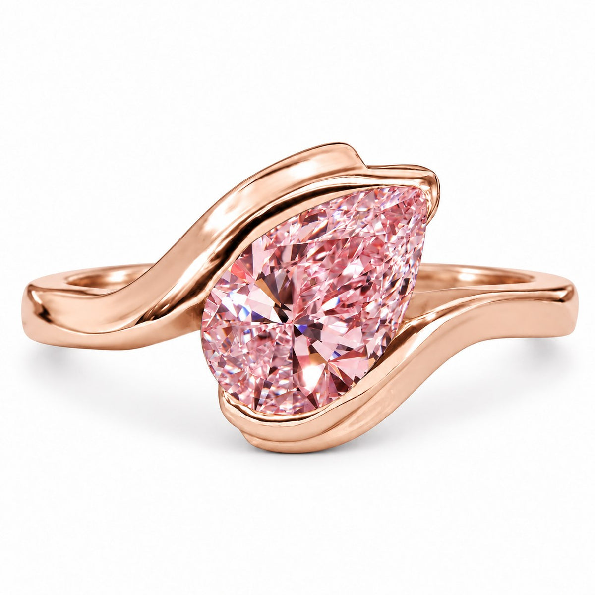 Pink Pear Cut Lab Grown Diamond Engagement Ring - Wrap Bypass Solitaire in rose gold, front view