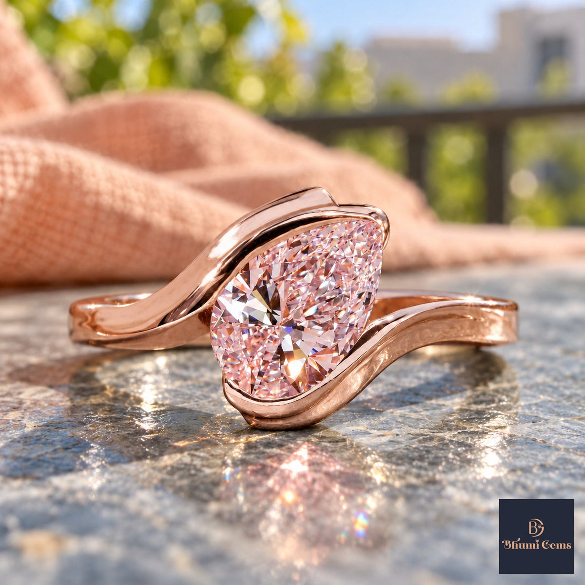 Pink Pear Cut Lab Grown Diamond Engagement Ring - Wrap Bypass Solitaire in rose gold, close-up