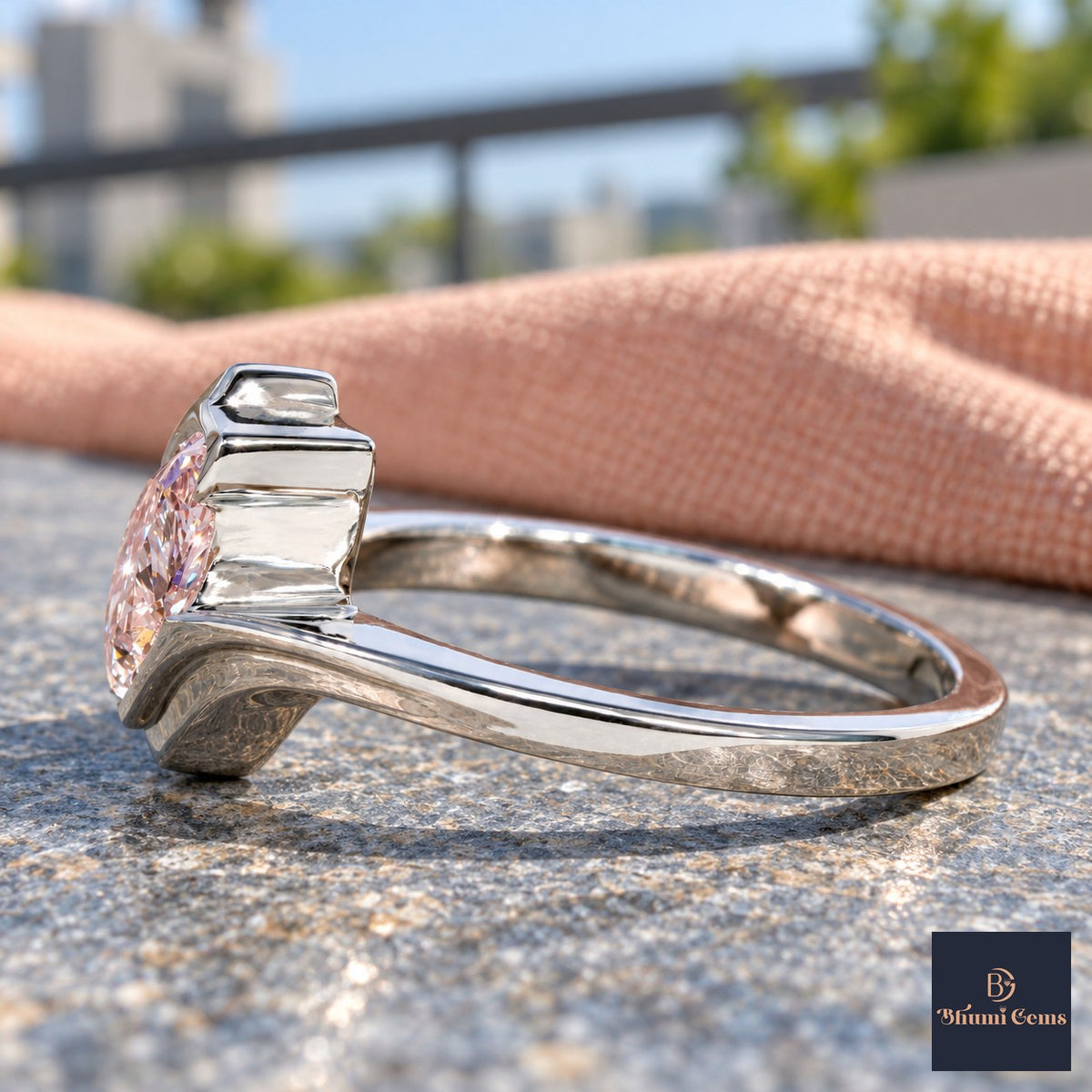 Pink Pear Cut Lab Grown Diamond Engagement Ring - Wrap Bypass Solitaire in white gold, side view