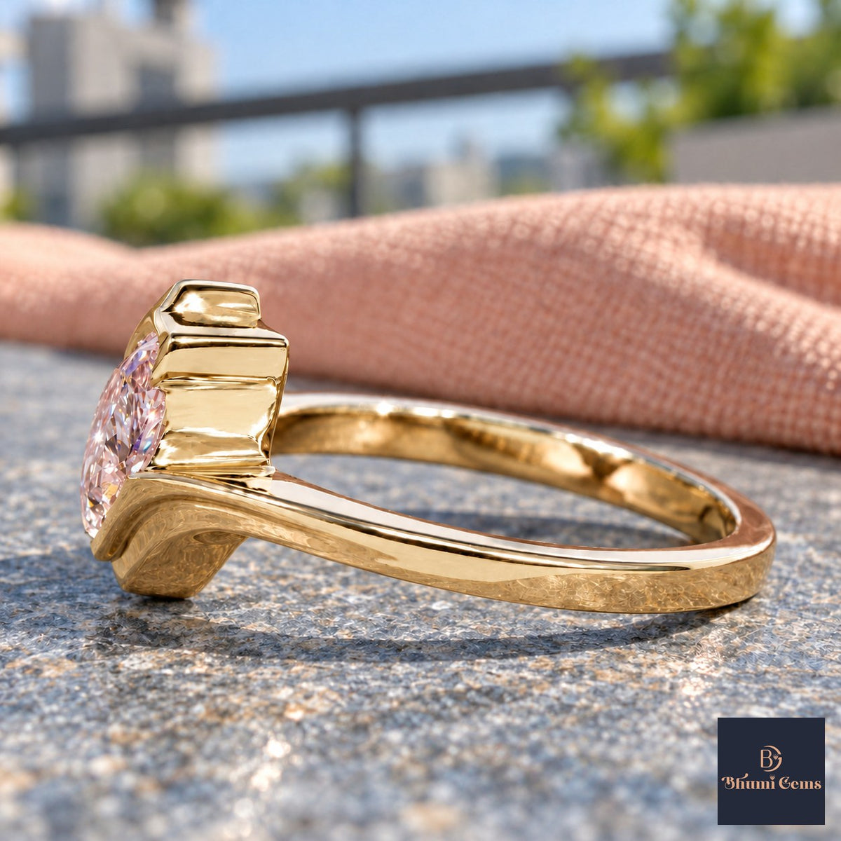 Pink Pear Cut Lab Grown Diamond Engagement Ring - Wrap Bypass Solitaire in yellow gold, side view