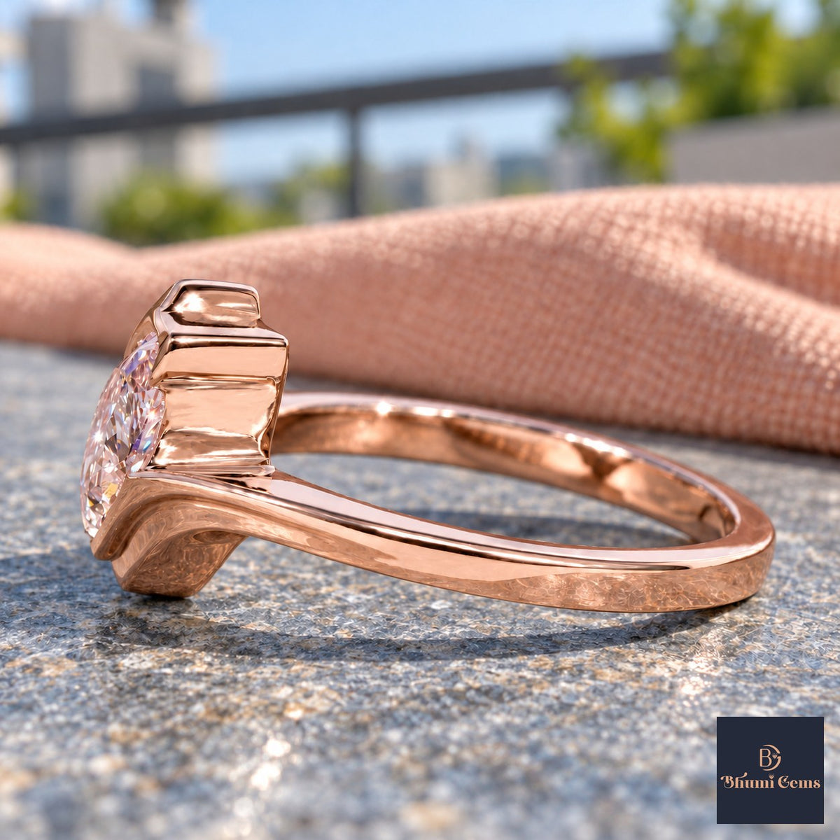 Pink Pear Cut Lab Grown Diamond Engagement Ring - Wrap Bypass Solitaire in rose gold, side view