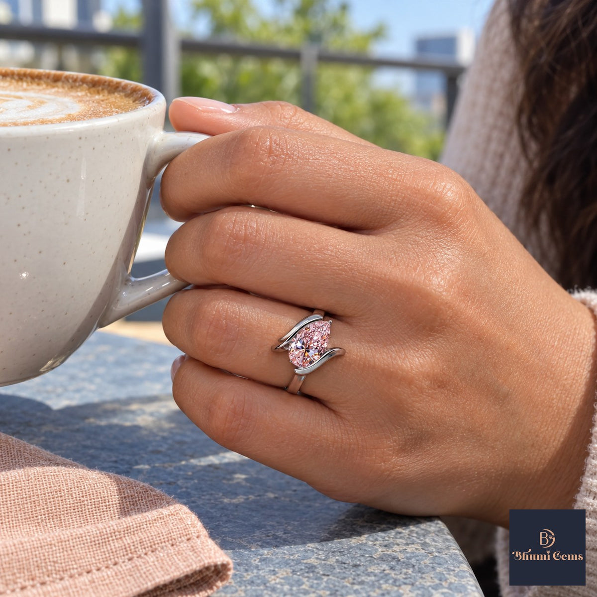 Pink Pear Cut Lab Grown Diamond Engagement Ring - Wrap Bypass Solitaire in white gold, on the hand