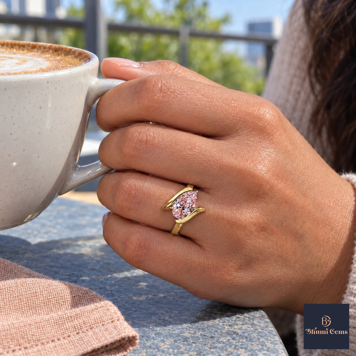 Pink Pear Cut Lab Grown Diamond Engagement Ring - Wrap Bypass Solitaire in yellow gold, on the hand