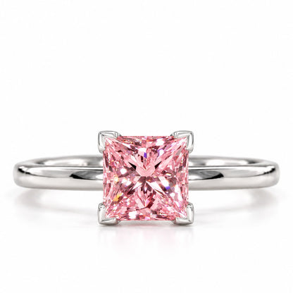 Pink Princess Cut Lab Grown Diamond Engagement Ring - Classic Solitaire in white gold, front view