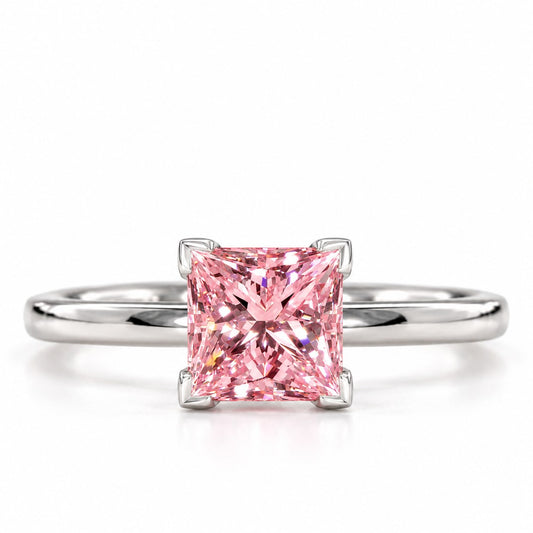 Pink Princess Cut Lab Grown Diamond Engagement Ring - Classic Solitaire in white gold, front view
