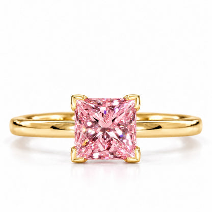 Pink Princess Cut Lab Grown Diamond Engagement Ring - Classic Solitaire in yellow gold, front view