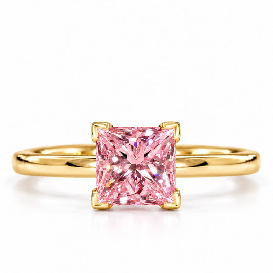 Pink Princess Cut Lab Grown Diamond Engagement Ring - Classic Solitaire in yellow gold, front view