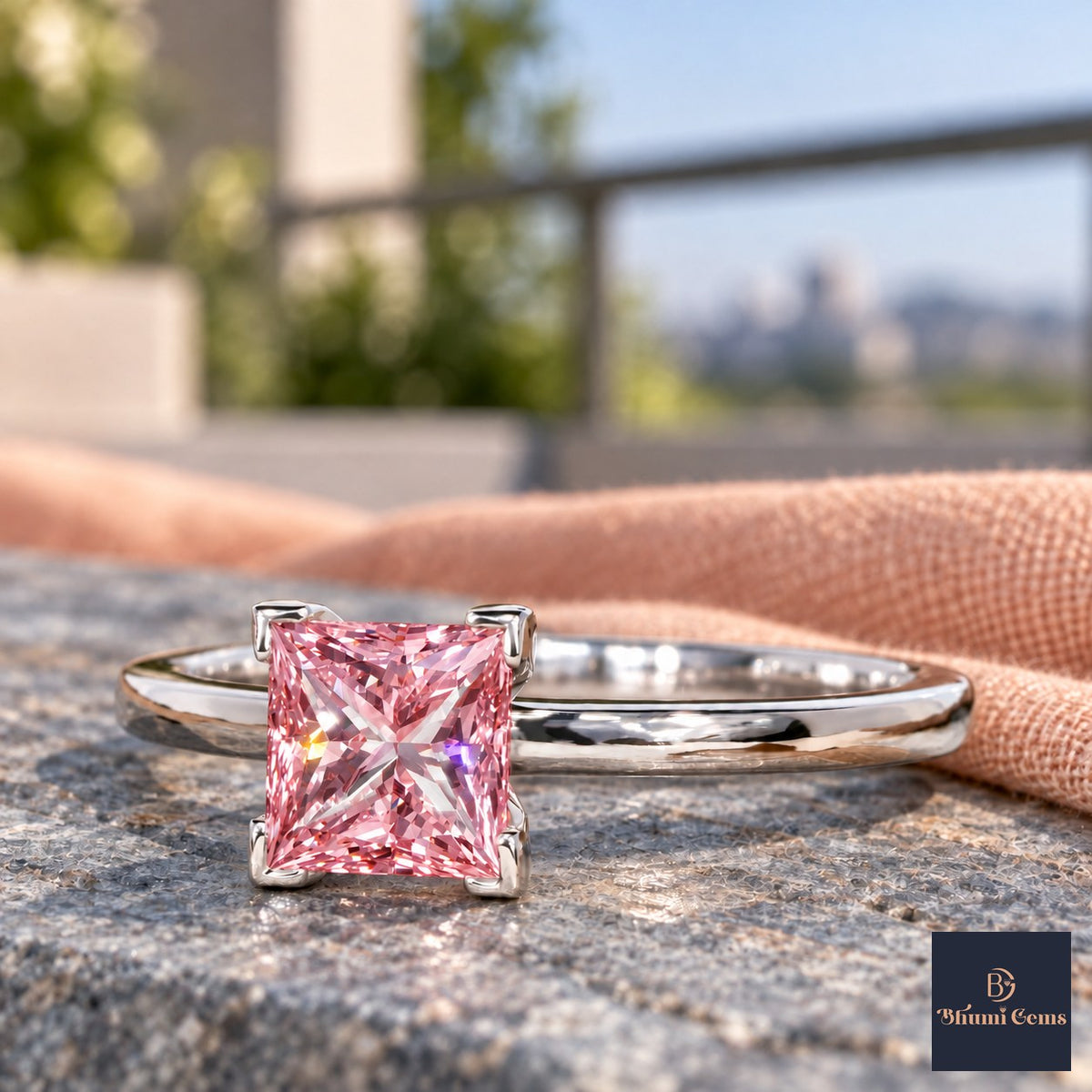 Pink Princess Cut Lab Grown Diamond Engagement Ring - Classic Solitaire in white gold, close-up