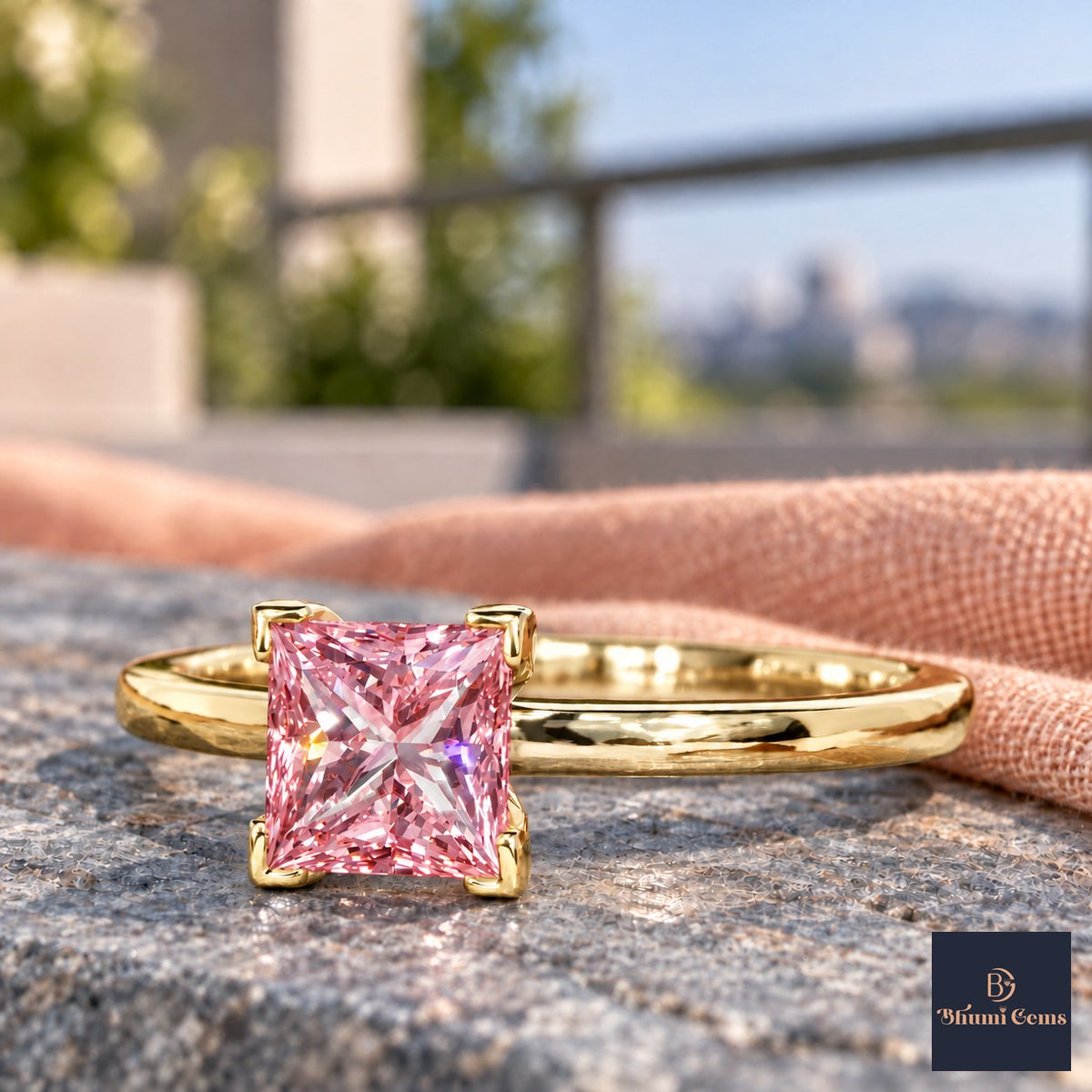 Pink Princess Cut Lab Grown Diamond Engagement Ring - Classic Solitaire in yellow gold, close-up