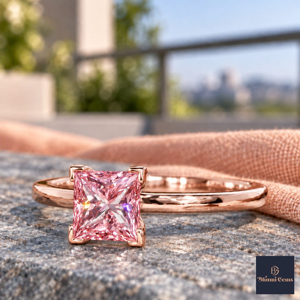 Pink Princess Cut Lab Grown Diamond Engagement Ring - Classic Solitaire in rose gold, close-up