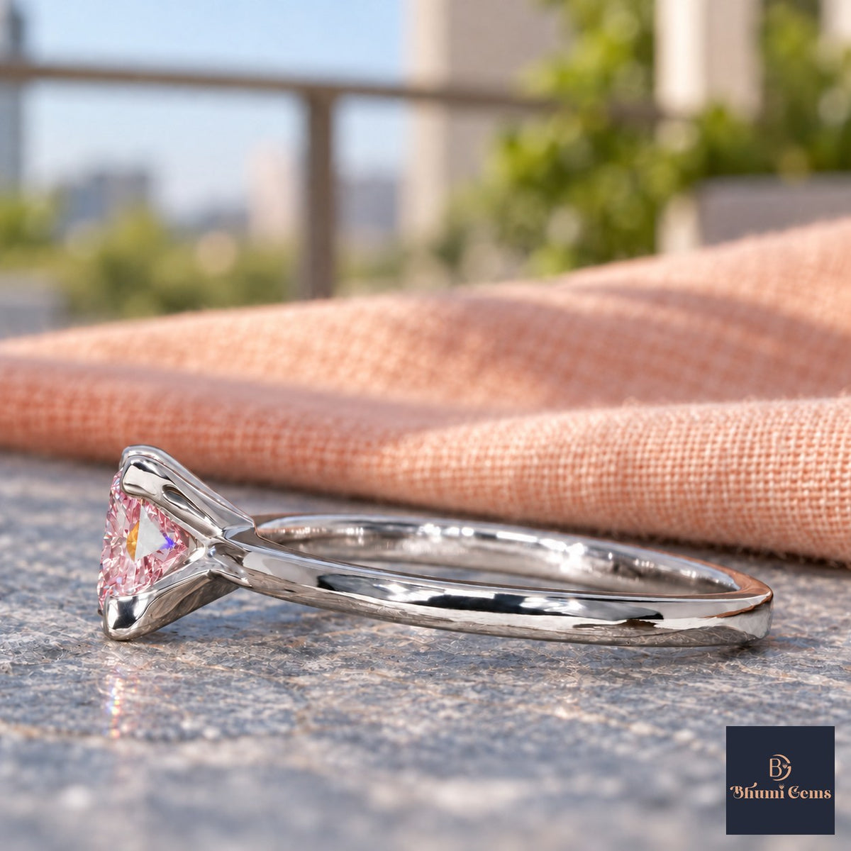 Pink Princess Cut Lab Grown Diamond Engagement Ring - Classic Solitaire in white gold, side view