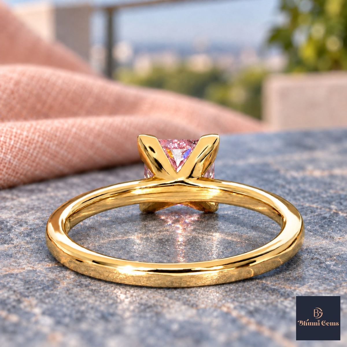 Pink Princess Cut Lab Grown Diamond Engagement Ring - Classic Solitaire in yellow gold, gallery view